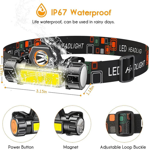 Rechargeable LED Headlamp Model 101 COB + Spotlight Magnetic Waterproof IP67 | كشاف رأس LED قابل للشحن موديل 101 COB + كشاف جانبي مغناطيسي مقاوم للماء IP67