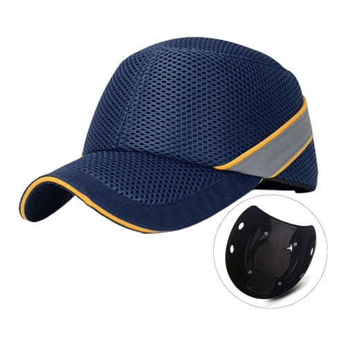 Navy blue mesh cap with reflective strip and inset of black face mask on white background