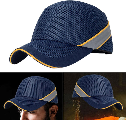 Navy blue cap with mesh design and reflective strip on a white background